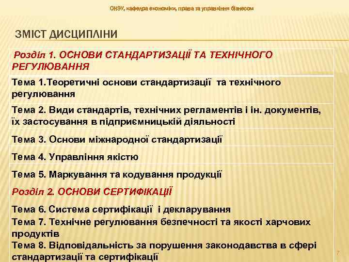 ОНЭУ, кафедра економіки, права та управління бізнесом ЗМІСТ ДИСЦИПЛІНИ Розділ 1. ОСНОВИ СТАНДАРТИЗАЦІЇ ТА