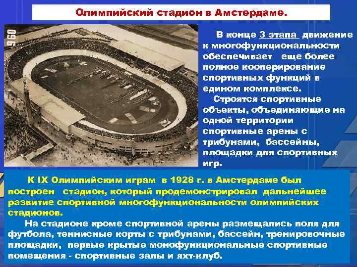 Олимпийский стадион в Амстердаме. В конце 3 этапа движение к многофункциональности обеспечивает еще более