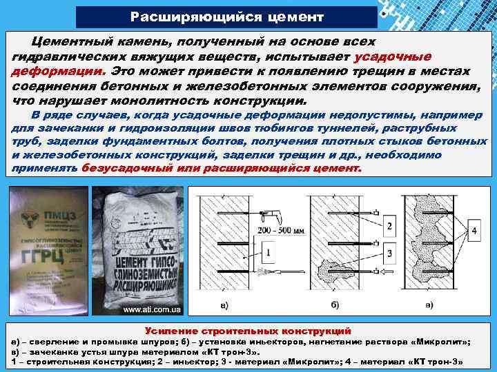Расширяющийся цемент Цементный камень, полученный на основе всех гидравлических вяжущих веществ, испытывает усадочные деформации.
