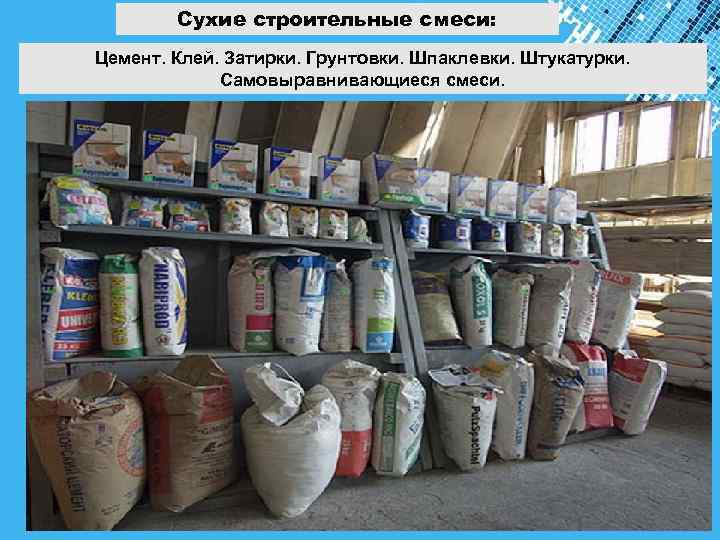 Сухие строительные смеси: Цемент. Клей. Затирки. Грунтовки. Шпаклевки. Штукатурки. Самовыравнивающиеся смеси. Powerpoint Templates Page