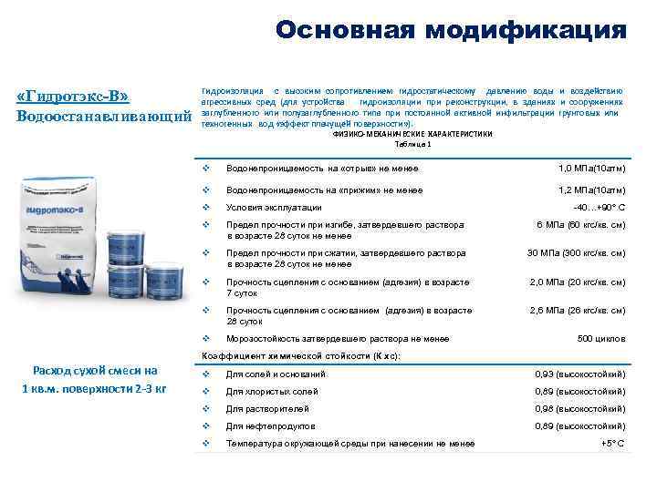 Основная модификация «Гидротэкс-В» Водоостанавливающий Гидроизоляция с высоким сопротивлением гидростатическому давлению воды и воздействию агрессивных