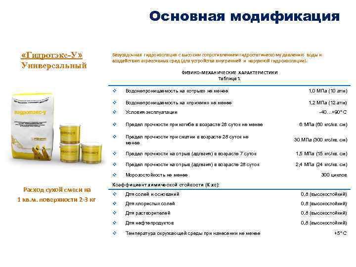 Основная модификация «Гидротэкс-У» Универсальный Безусадочная гидроизоляция с высоким сопротивлением гидростатическому давлению воды и воздействию