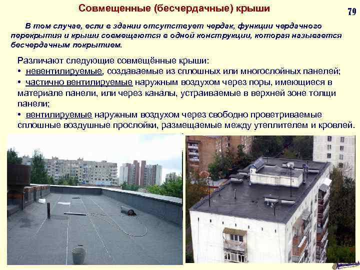 Совмещенные (бесчердачные) крыши 79 В том случае, если в здании отсутствует чердак, функции чердачного