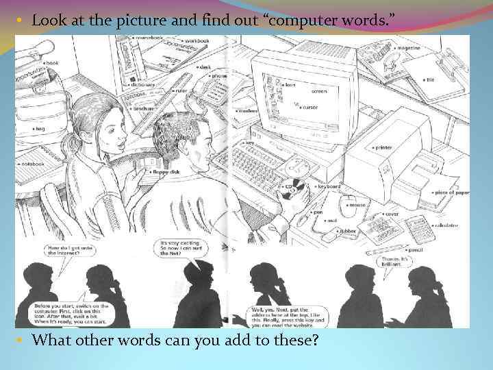  • Look at the picture and find out “computer words. ” • What