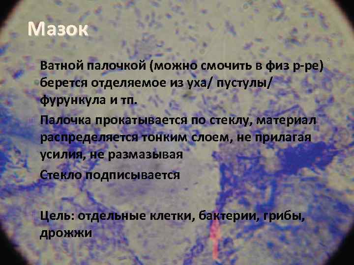 Мазок Ватной палочкой (можно смочить в физ р-ре) берется отделяемое из уха/ пустулы/ фурункула