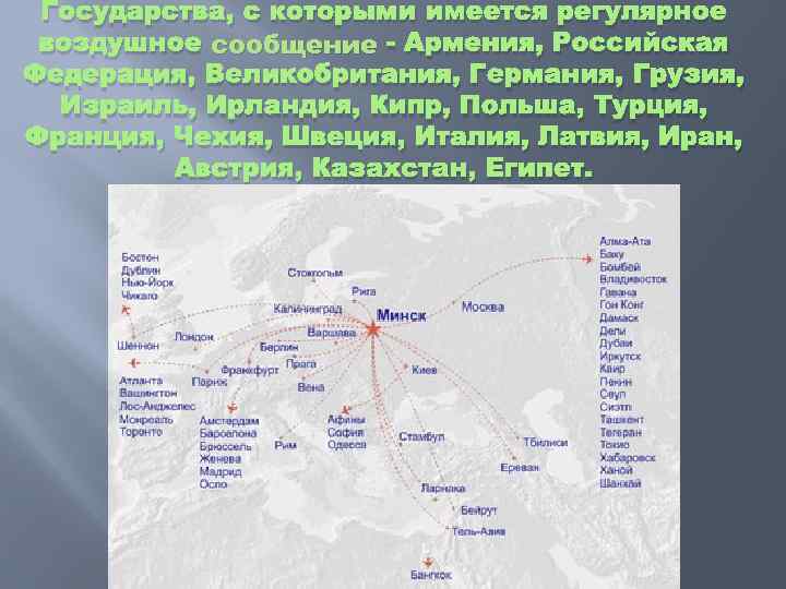 Государства, с которыми имеется регулярное воздушное сообщение - Армения, Российская Федерация, Великобритания, Германия, Грузия,