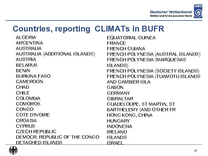 Countries, reporting CLIMATs in BUFR ALGERIA ARGENTINA AUSTRALIA (ADDITIONAL ISLANDS) AUSTRIA BELARUS BENIN BURKINA