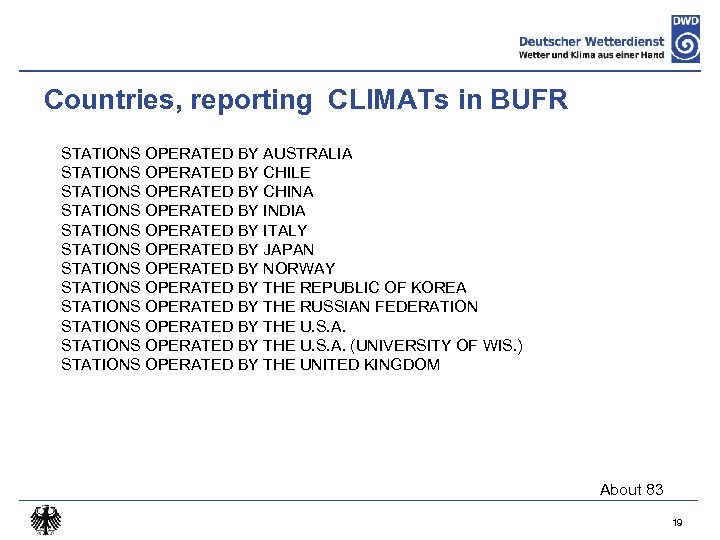 Countries, reporting CLIMATs in BUFR STATIONS OPERATED BY AUSTRALIA STATIONS OPERATED BY CHILE STATIONS
