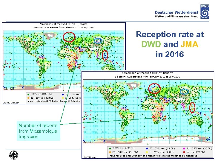 Reception rate at DWD and JMA in 2016 Number of reports from Mozambique improved