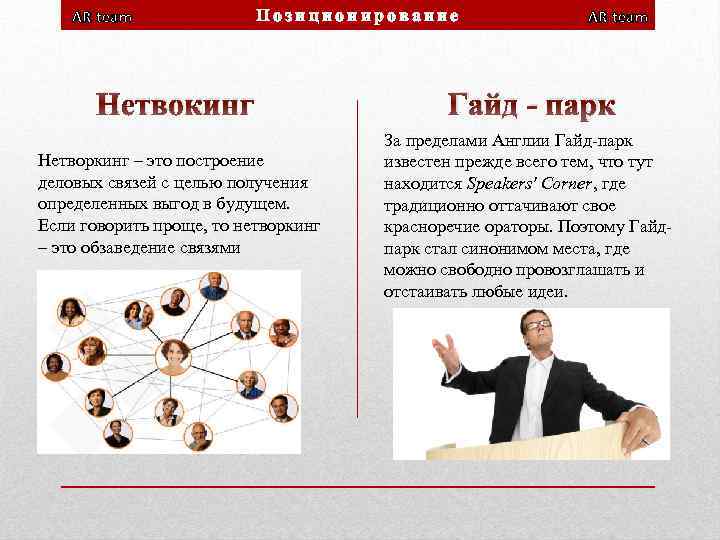 AR team Позиционирование Нетвокинг Нетворкинг – это построение деловых связей с целью получения определенных