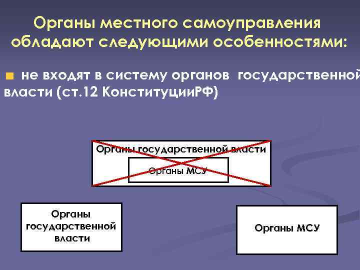 Органы местного самоуправления обладают следующими особенностями: не входят в систему органов государственной власти (ст.
