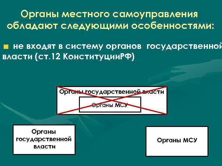 Органы местного самоуправления обладают следующими особенностями: не входят в систему органов государственной власти (ст.