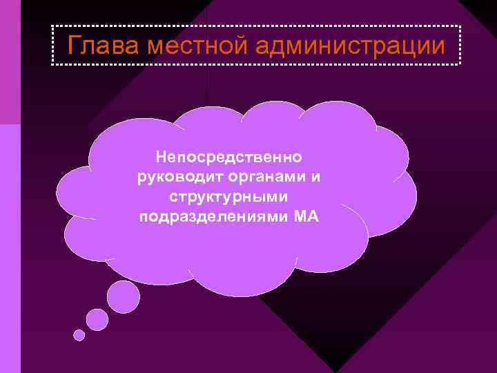 Глава местной администрации Непосредственно руководит органами и структурными подразделениями МА 