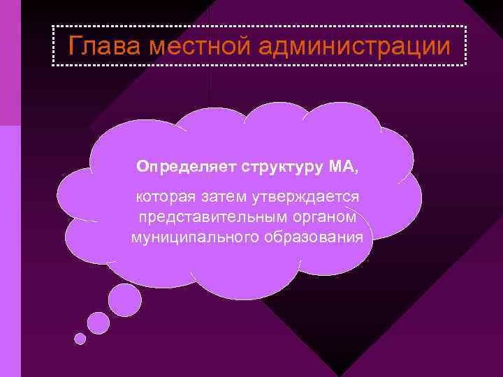 Глава местной администрации Определяет структуру МА, которая затем утверждается представительным органом муниципального образования 