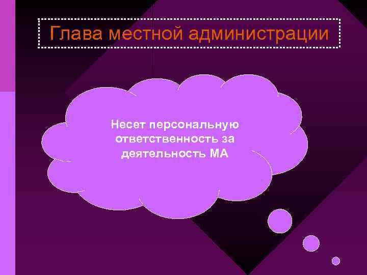 Глава местной администрации Несет персональную ответственность за деятельность МА 