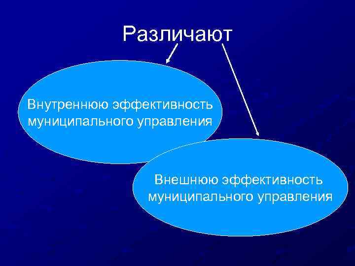 Различают Внутреннюю эффективность муниципального управления Внешнюю эффективность муниципального управления 