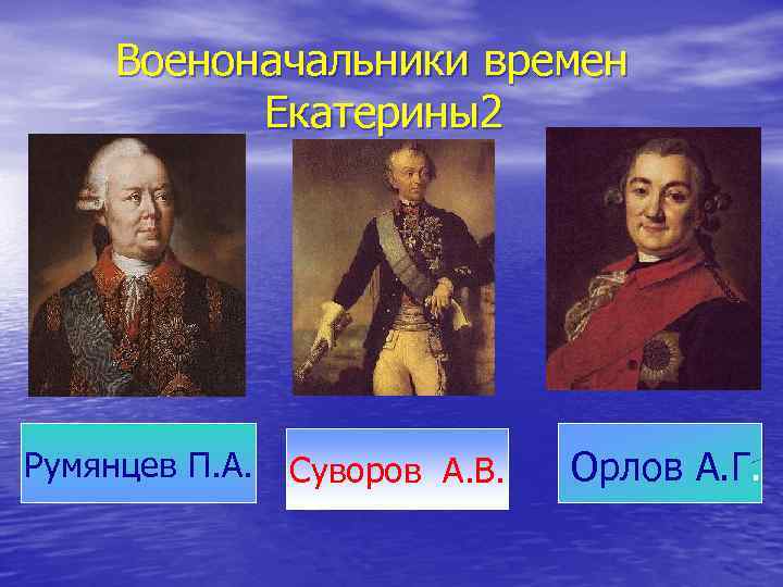 Военоначальники времен Екатерины2 Румянцев П. А. Суворов А. В. Орлов А. Г. 