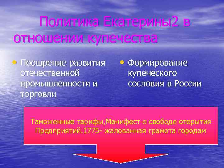 Политика Екатерины2 в отношении купечества • Поощрение развития отечественной промышленности и торговли • Формирование