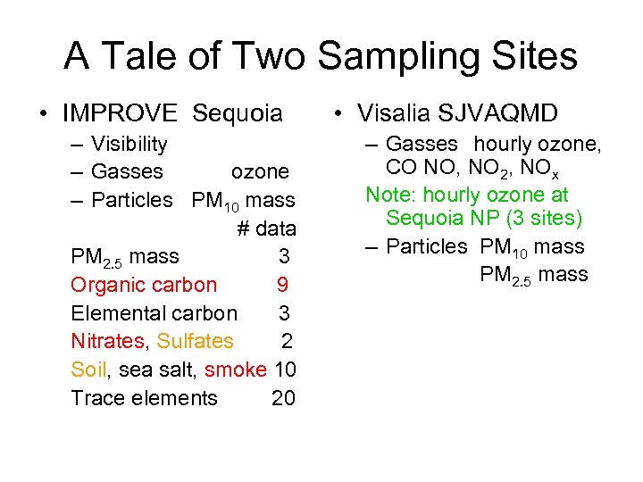 A Tale of Two Sampling Sites • IMPROVE Sequoia – Visibility – Gasses ozone