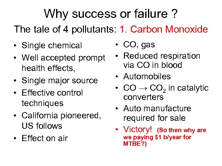 Why success or failure ? The tale of 4 pollutants: 1. Carbon Monoxide •