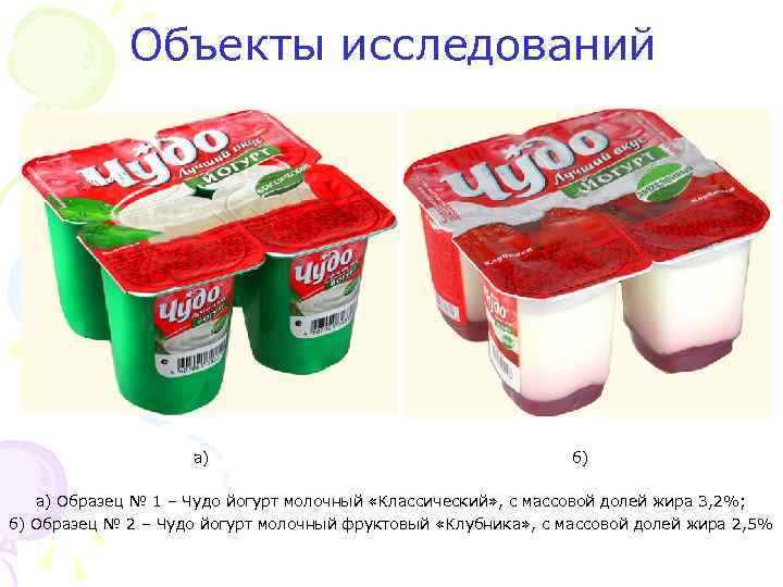 Объекты исследований а) б) а) Образец № 1 – Чудо йогурт молочный «Классический» ,