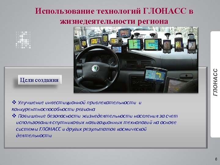 Цели создания ГЛОНАСС Использование технологий ГЛОНАСС в жизнедеятельности региона v Улучшение инвестиционной привлекательности и