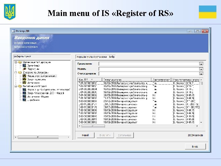 Main menu of IS «Register of RS» 