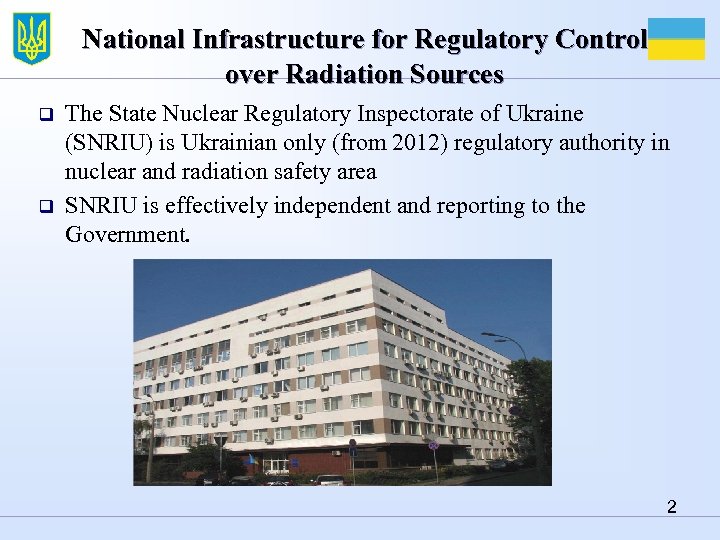 National Infrastructure for Regulatory Control over Radiation Sources q q The State Nuclear Regulatory