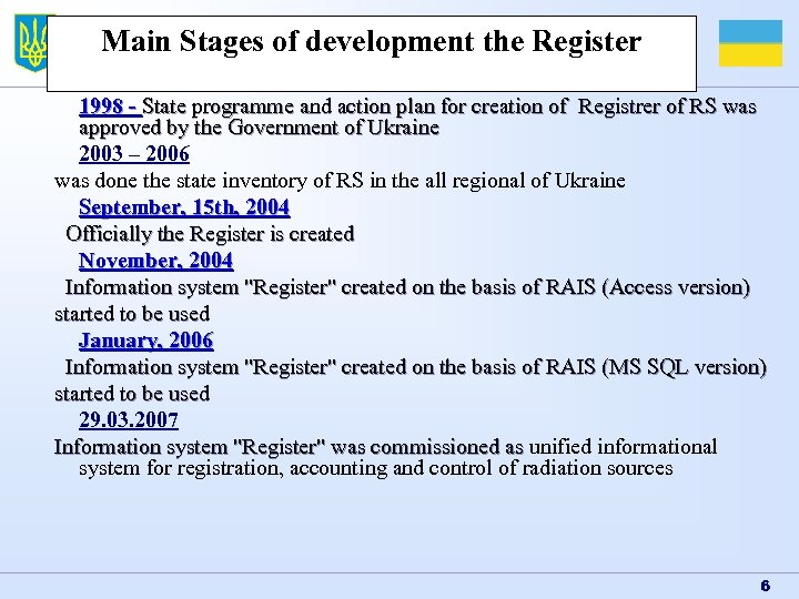 Main Stages of development the Register 1998 - State programme and action plan for