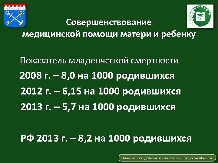 Совершенствование медицинской помощи матери и ребенку Показатель младенческой смертности 2008 г. – 8, 0