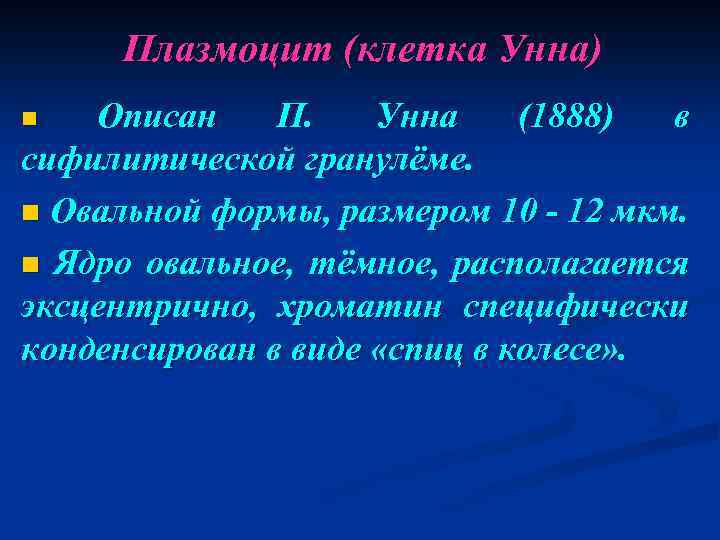 Плазмоцит (клетка Унна) Описан П. Унна (1888) в сифилитической гранулёме. n Овальной формы, размером