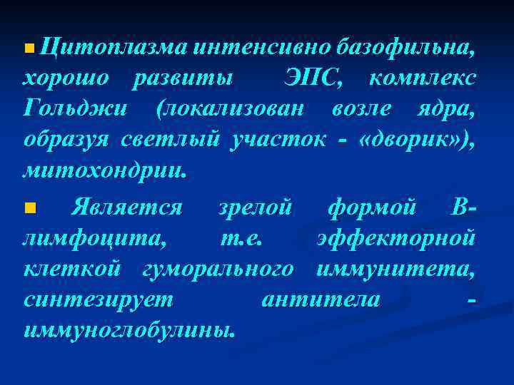 n Цитоплазма интенсивно базофильна, хорошо развиты ЭПС, комплекс Гольджи (локализован возле ядра, образуя светлый