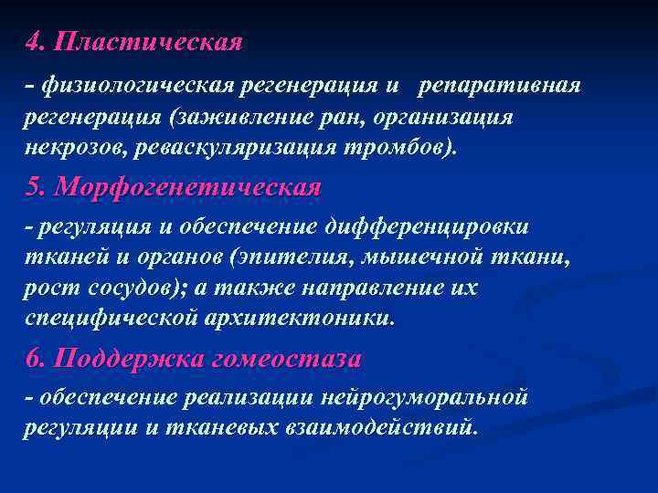 4. Пластическая - физиологическая регенерация и репаративная регенерация (заживление ран, организация некрозов, реваскуляризация тромбов).