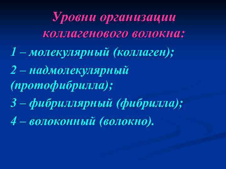 Уровни организации коллагенового волокна: 1 – молекулярный (коллаген); 2 – надмолекулярный (протофибрилла); 3 –