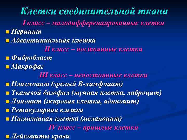 Клетки соединительной ткани I класс – малодифференцированные клетки n Перицит n Адвентициальная клетка II