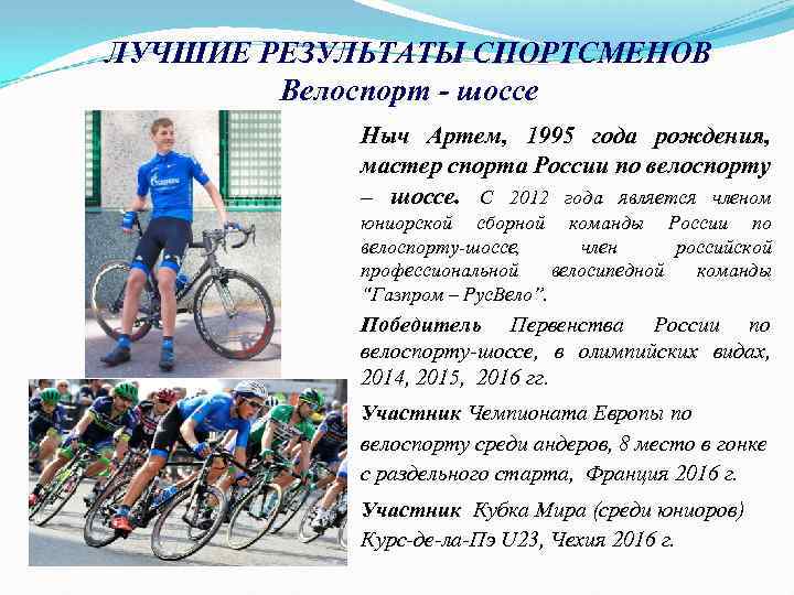 ЛУЧШИЕ РЕЗУЛЬТАТЫ СПОРТСМЕНОВ Велоспорт - шоссе Ныч Артем, 1995 года рождения, мастер спорта России