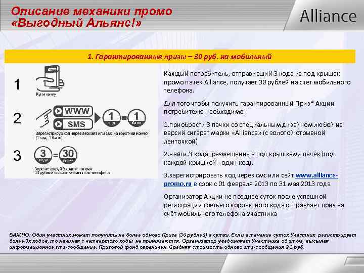 Описание механики промо «Выгодный Альянс!» 1. Гарантированные призы – 30 руб. на мобильный Каждый