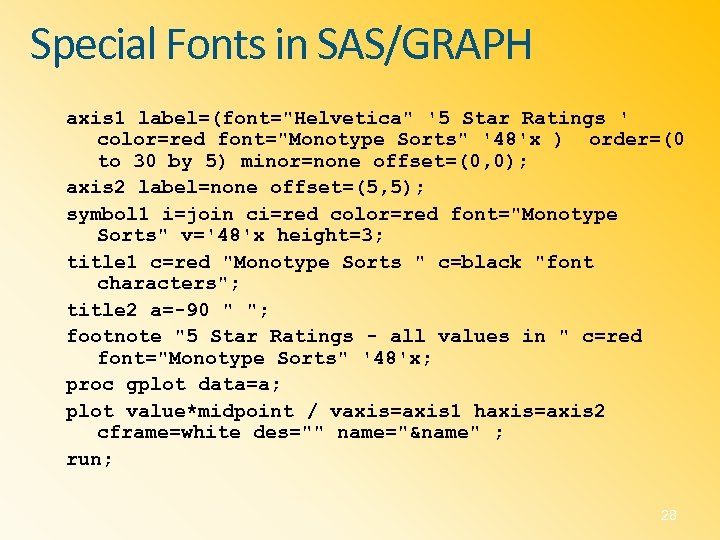 Special Fonts in SAS/GRAPH axis 1 label=(font="Helvetica" '5 Star Ratings ' color=red font="Monotype Sorts"