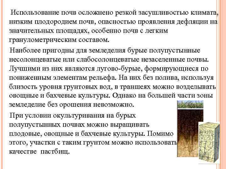 Использование почв осложнено резкой засушливостью климата, низким плодородием почв, опасностью проявления дефляции на значительных