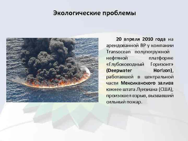 Экологические проблемы 20 апреля 2010 года на арендованной BP у компании Transocean полупогружной нефтяной