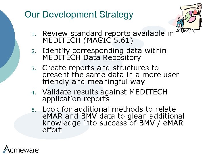 Our Development Strategy 1. 2. 3. 4. 5. Review standard reports available in MEDITECH