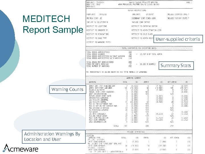 MEDITECH Report Sample User-supplied criteria Summary Stats Warning Counts Administration Warnings By Location and
