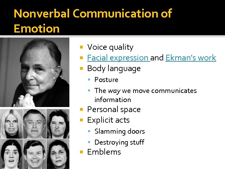 Nonverbal Communication of Emotion Voice quality Facial expression and Ekman’s work Body language Posture