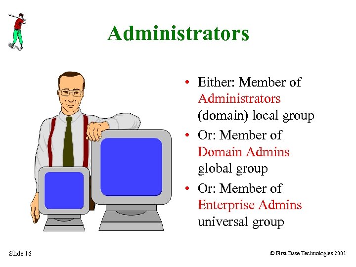 Administrators • Either: Member of Administrators (domain) local group • Or: Member of Domain