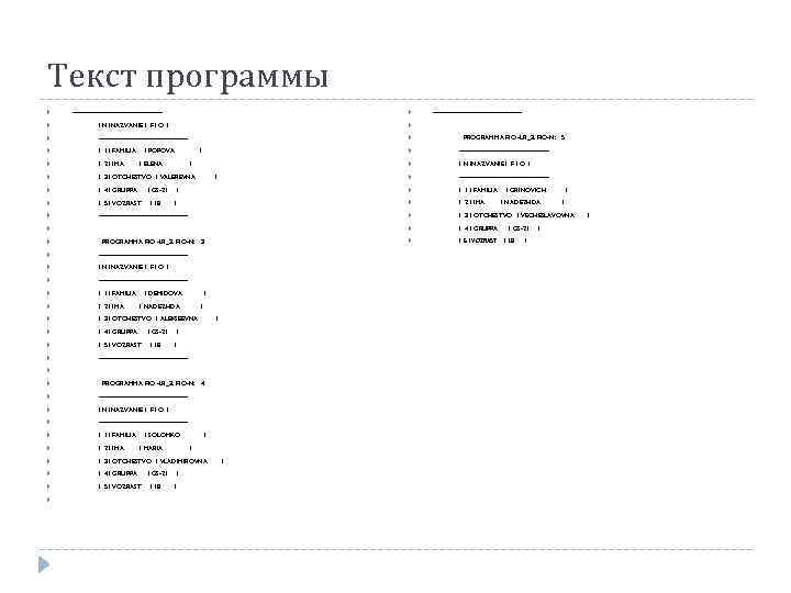 Текст программы --------------------- I N INAZVANIE I F I O I --------------------- I 1