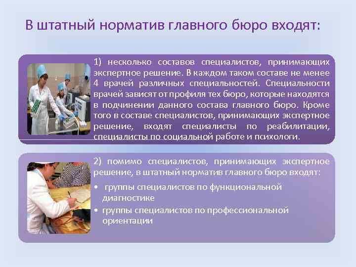 В штатный норматив главного бюро входят: 1) несколько составов специалистов, принимающих экспертное решение. В