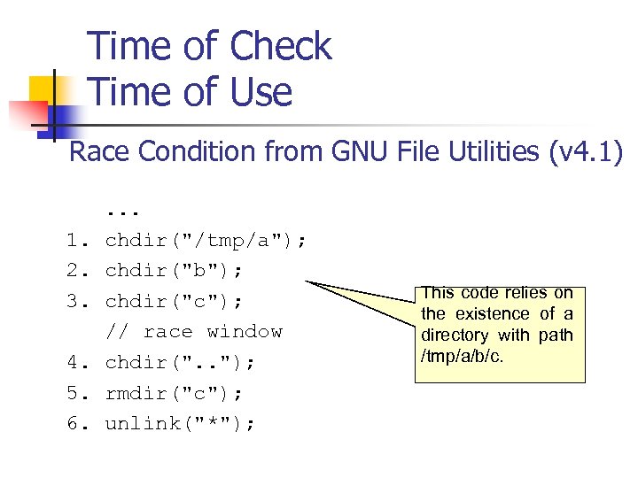 Time of Check Time of Use Race Condition from GNU File Utilities (v 4.