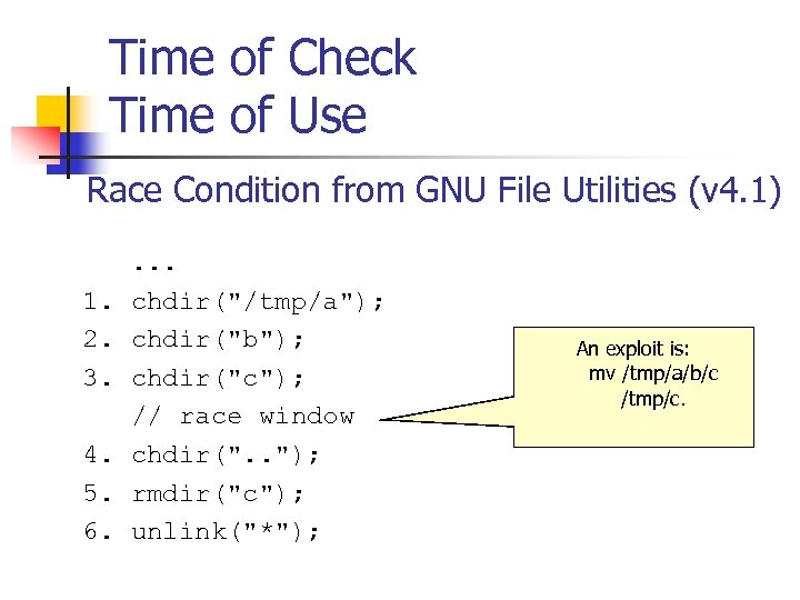 Time of Check Time of Use Race Condition from GNU File Utilities (v 4.