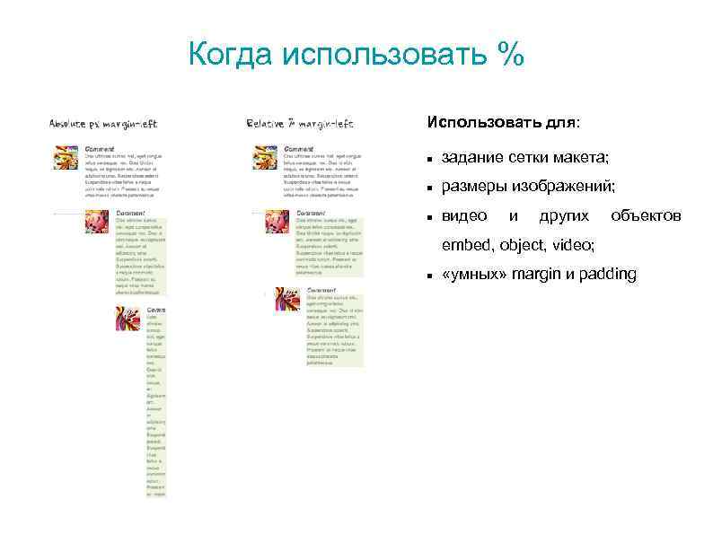 Когда использовать % Использовать для: задание сетки макета; размеры изображений; видео и других объектов