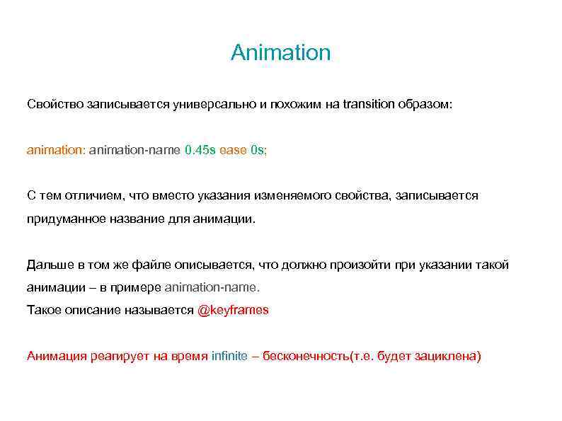 Animation Свойство записывается универсально и похожим на transition образом: animation: animation-name 0. 45 s